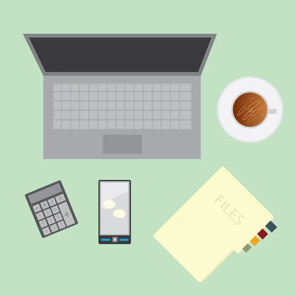 Escrivaninha Com Laptop Café Suprimentos Ilustração Vetorial —  Vetores de Stock