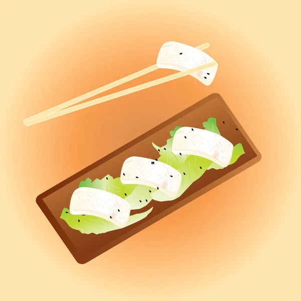 Sushi Avec Baguettes Assiette Sur Une Table Bois — Image vectorielle