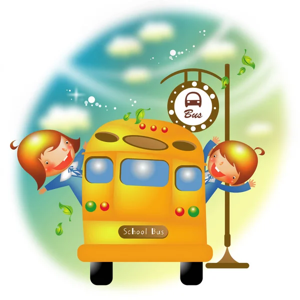 Ilustracja Sceny Kreskówek Autobusem Szkolnym — Wektor stockowy