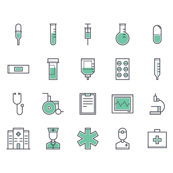 Ilustração Vetorial Conjunto Ícones Médicos Linha Cuidados Saúde —  Vetores de Stock