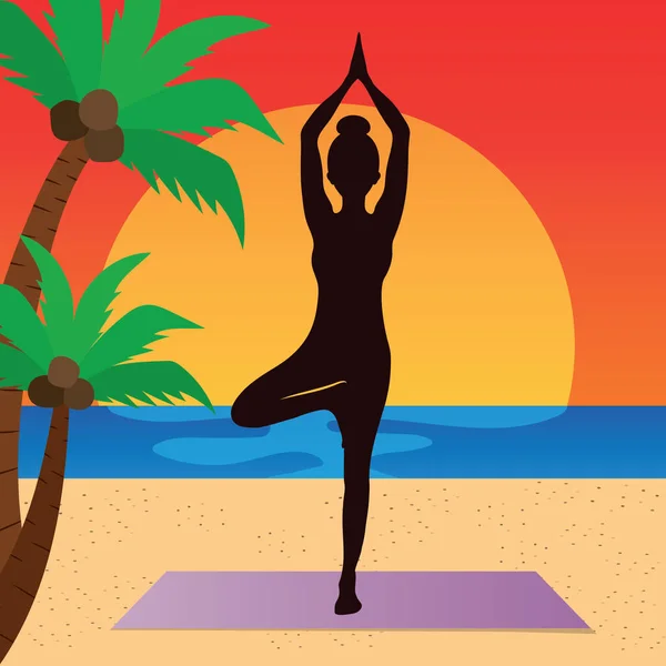 Chica Haciendo Yoga Playa Puesta Del Sol Vector Ilustración Icono — Vector de stock