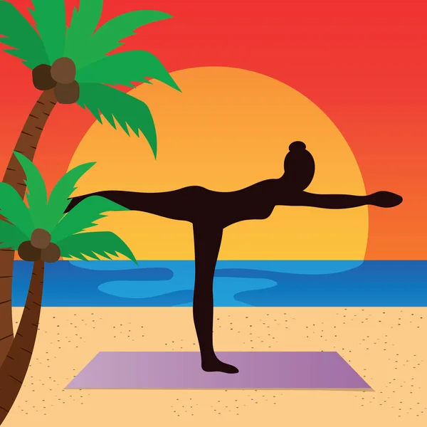 Mädchen Macht Yoga Strand Sonnenuntergang Vektor Illustration Symbol Element Hintergrund — Stockvektor