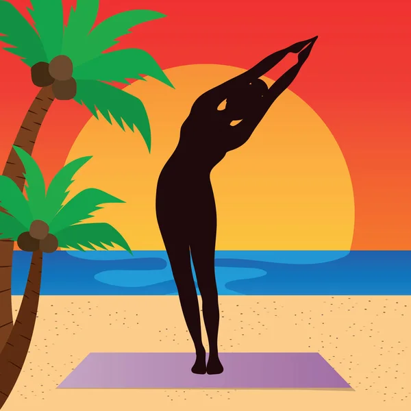 Kadın Plajda Yoga Yapıyor Vektör — Stok Vektör
