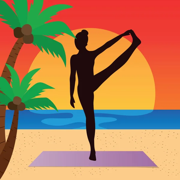 Mujer Playa Haciendo Yoga Vector — Archivo Imágenes Vectoriales