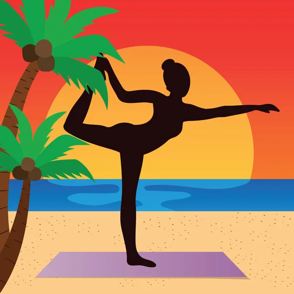 Mädchen Macht Yoga Strand Sonnenuntergang Vektor Illustration Symbol Element Hintergrund — Stockvektor