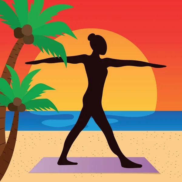 Mädchen Macht Yoga Strand Sonnenuntergang Vektor Illustration Symbol Element Hintergrund — Stockvektor