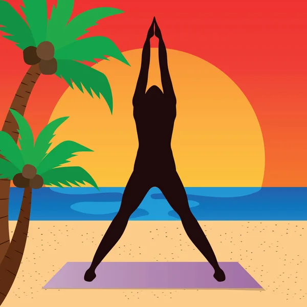 Mujer Playa Haciendo Yoga Vector — Vector de stock