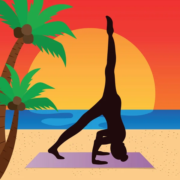 Mujer Playa Haciendo Yoga Vector — Archivo Imágenes Vectoriales