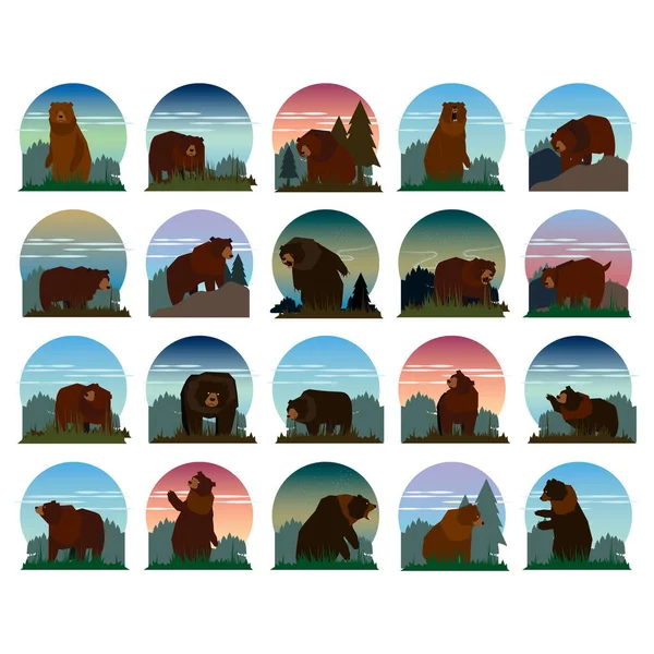Illustrazione Vettoriale Colorata Dell Orso Bruno Nella Foresta Montana — Vettoriale Stock