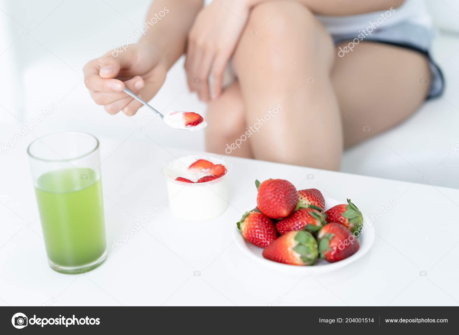 Closeup Young Woman Eating Natural Yogurt Home Weight Loss Closeup Young Woman Eating Natural Yogurt Home Weight Loss