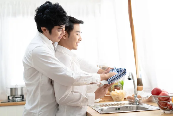 Les jeunes assain heureux mâle gay couple est lavage vaisselle tout en faisant — Photo