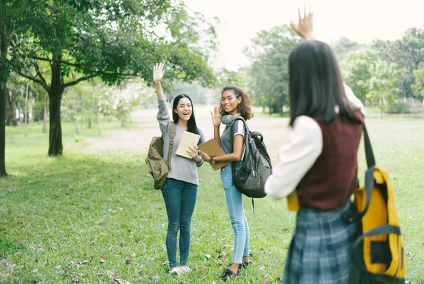 Grupo de amigos multiétnicos acenando uns aos outros no parque da cidade. Edu... — Fotografia de Stock