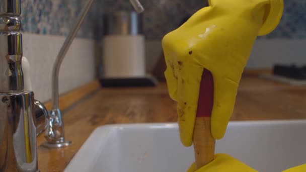 Mains féminines nettoyant un blocage dans un évier de cuisine — Video