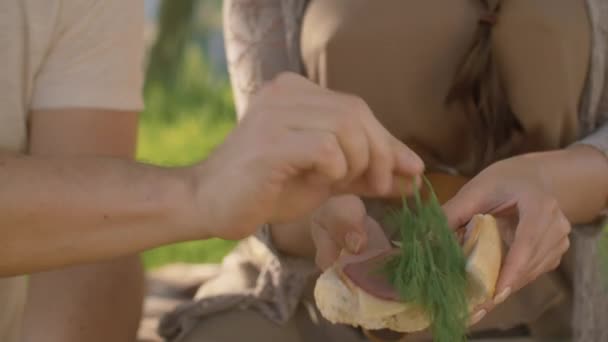 Sandwich cuisiner les mains des femmes et des hommes — Video