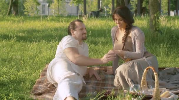 Glückliches Paar sitzt auf Decke im Park — Stockvideo