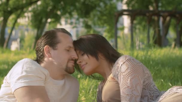 幸せなカップルで愛の芝生の上に横たわって — ストック動画