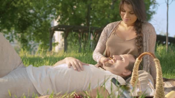 Glada par på picknick i trädgården — Stockvideo