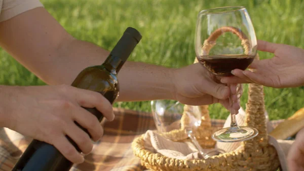 다물고 와인을 붓습니다 사람들은 자연계에서 소풍을 주문한다 여름에 공원에서 — 스톡 사진