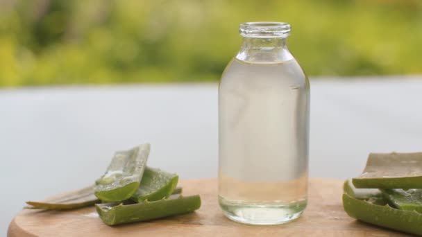 Liście aloesu i żel aloesowy w szklanej butelce — Wideo stockowe