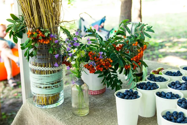 Diy Table Decoration Bouquets Wildflowers Homemade Berries Green Festival Ideas Royalty Free Stock Images