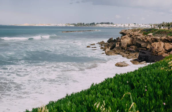 Blauwe Zee Met Golven Golfbreker Voorgrond Helder Groen Gras Heldere — Stockfoto