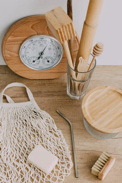 Platos Ecológicos Cosméticos Cosas Hechas Madera Lino —  Fotos de Stock