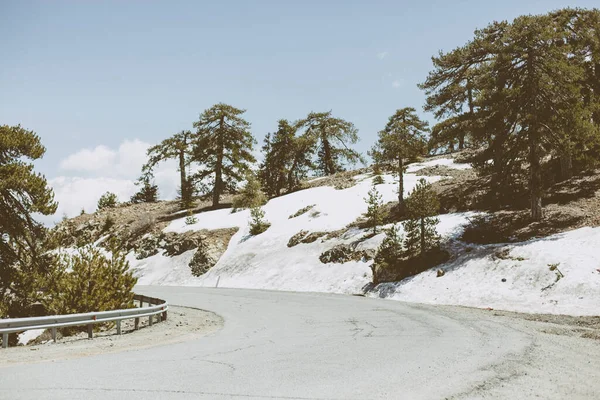 Estrada Entre Montanhas Cobertas Neve Florestas Dia Ensolarado Fim Temporada — Fotografia de Stock