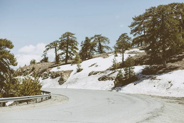 Weg Tussen Besneeuwde Bergen Bossen Zonnige Dag Einde Van Het — Stockfoto