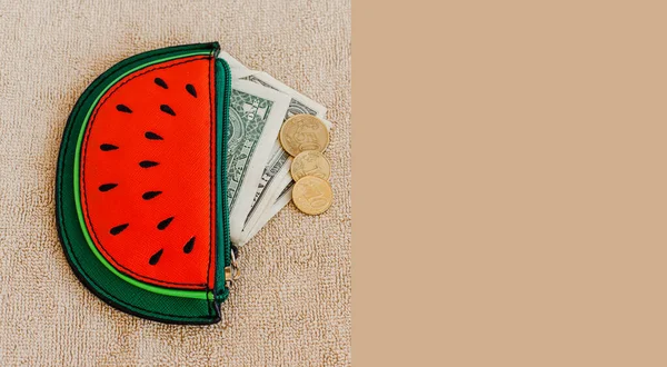 Purse with cash money, change and coins. Watermelon slice. Funny, bright, summer accessory. Copy space.