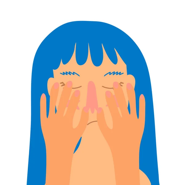 Une femme en détresse pleure et se couvre le visage de ses mains. Fille aux cheveux bleus, illustration vectorielle de style plat . — Image vectorielle