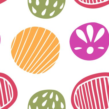 Farklı renklerde daireler çizen soyut, pürüzsüz bir desen. Kumaş, giysi, yatak veya perdeler için desen.