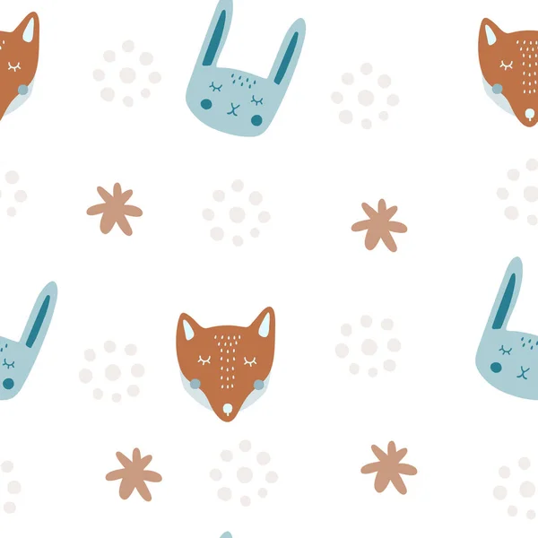 Um padrão de coelhos bonitos e raposas com elementos abstratos. Padrão sem costura com animais bonitos. Pode ser usado para roupas infantis ou outros bens infantis . — Vetor de Stock