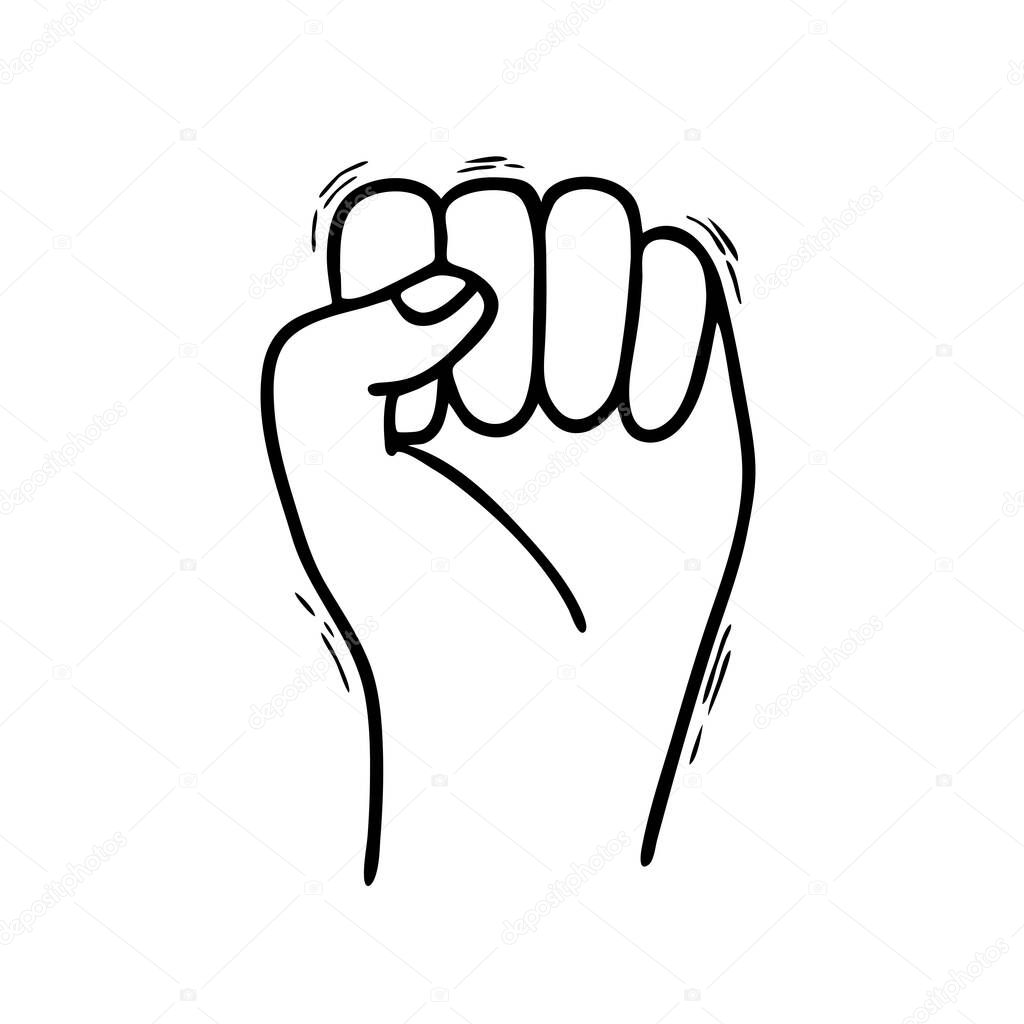 Hand in Doodle style isolated on a white background. A symbol of protest and resistance. The hand is bent into a fist. They wont pass. Revolutionary moods in society. A symbol of strength and protest.