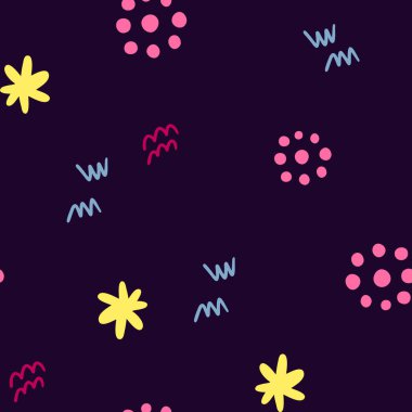Doodle tarzında soyut, kusursuz bir desen. Koyu arkaplanda Doodle tarzında parlak dekoratif elementlerin görüntüsü. Kumaş veya giysi deseni. 