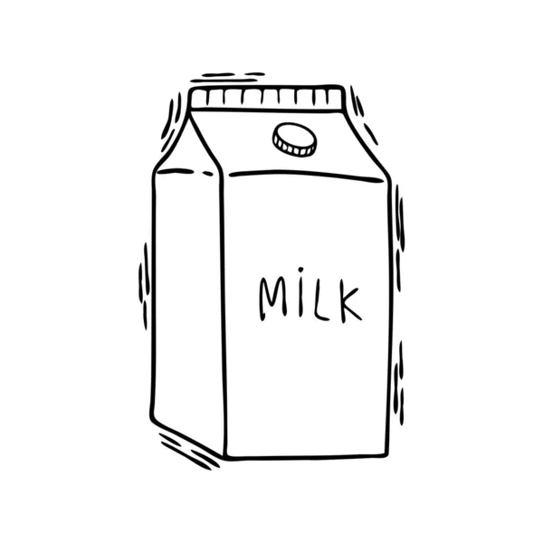 Eine Packung Milch isoliert im Doodle-Stil. Illustration einer schwarzen Linie. — Stockvektor