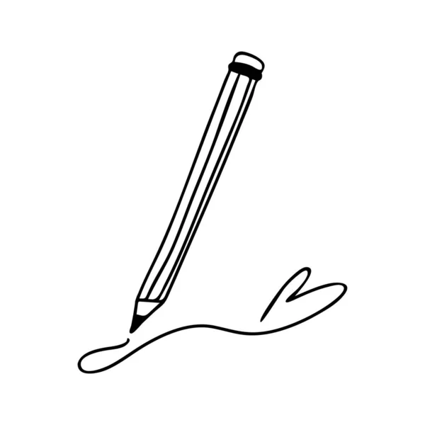 Stile matita Doodle con una linea sulla carta a forma di cuore. Sketch è un contorno nero. Il concetto di creare un disegno usando una matita dal cuore. Stampa per una t-shirt o il tuo design. — Vettoriale Stock
