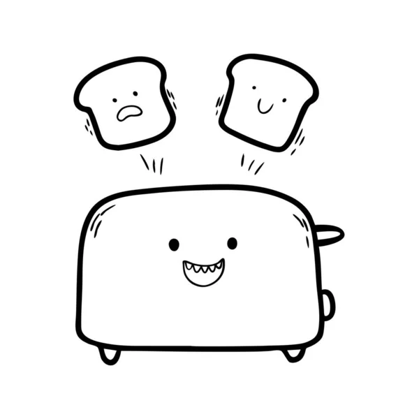 Тостер в стиле Дудла изолирован на белом фоне. Талисман счастливого тостера с бутербродом. Может использоваться для печати на футболках или другой одежде или ткани . — стоковый вектор