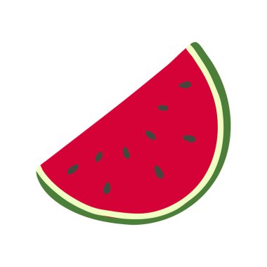 Çukurlu ve yeşil kabuklu tatlı olgun bir karpuz parçası beyaz arka planda izole edilmiş Doodle tarzında..