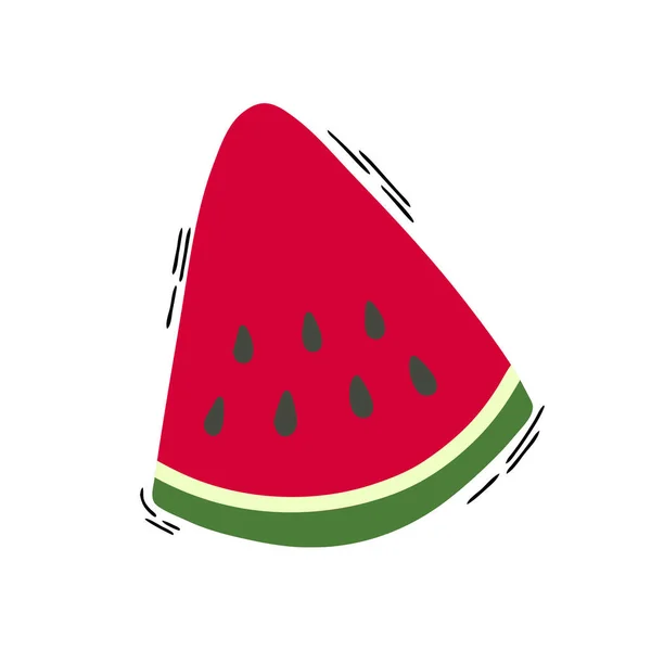 En bit söt mogen vattenmelon med gropar och grönt skal i Doodle stil isolerad på en vit bakgrund. — Stock vektor