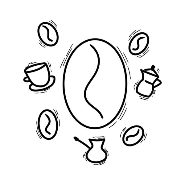 Kaffee-Thema. Illustration im Doodle-Stil. Methoden der Kaffeezubereitung. Kaffeebohnen vorhanden. Tasse Kaffee vorhanden. Kaffee zum Mitnehmen. Türke zum Kaffeekochen. Geysir Kaffeemaschine. Kaffeebohnen. Kaffeeröstung. — Stockvektor