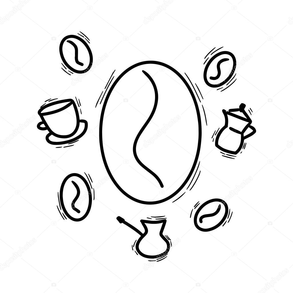 Coffee theme. Illustration in the Doodle style. Methods of making coffee. Coffee bean. Cup of coffee. Take-away coffee. Turk for making coffee. Geyser coffee maker. Coffee beans. Coffee roasting. 