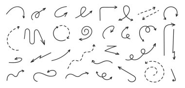 El çizilmiş oklar kıvrımlı, kıvrımlı, sarmal, siyah kalem ya da kalem şeklinde dalgalı şekiller. Yönlü ok karalama elementleri. İzole edilmiş çizgi çizimi ok başı işaretleri vektörü ayarlandı.