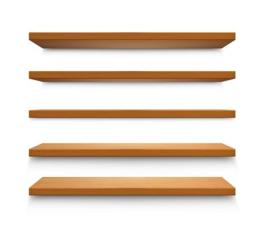 Tahta raflar. Ahşap raf, üç boyutlu boş duvar rafı, gölge ve perspektifli, kitap kutusu, vitrin için bar mobilyası ya da ev kütüphanesi. Vektör izole edilmiş gerçekçi şablon.