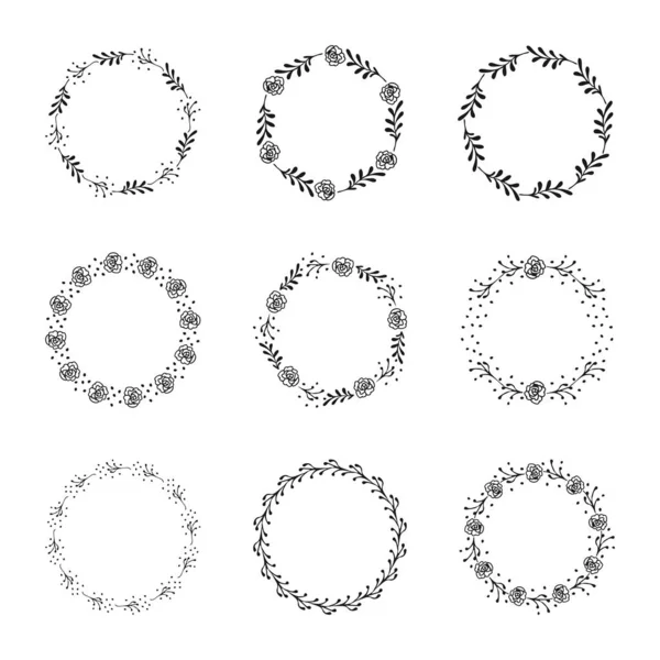 Coleção Conjuntos Molduras Círculo Desenhado Mão Rose Flower Elementos Design — Vetor de Stock