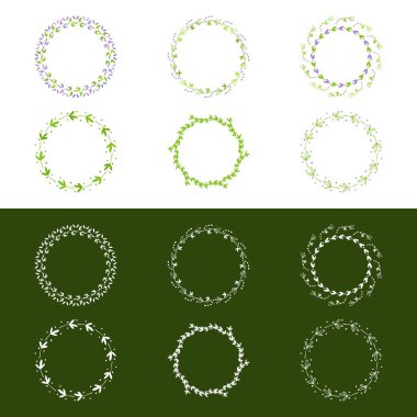 Doodle Hand Bitki Çemberleri Ayarlandı. Tasarım için elementler. Nokta, yaprak ve bitkilerle şirin yuvarlak çerçeveler. Tasarım etiketi, rozet, ambalaj ve daha fazlası.