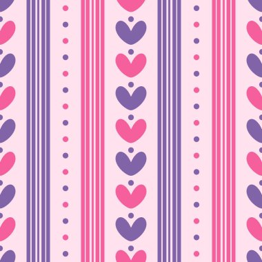 Basit Sevimli Aşk Noktası Çizgisi Dikey Dekoratif Kusursuz Desenli Duvar Kağıdı. Pembe ve mor kombinasyon renkleri. Tekstil, kumaş, kağıt, baskı, iç mekan, dekor vs. için desen.
