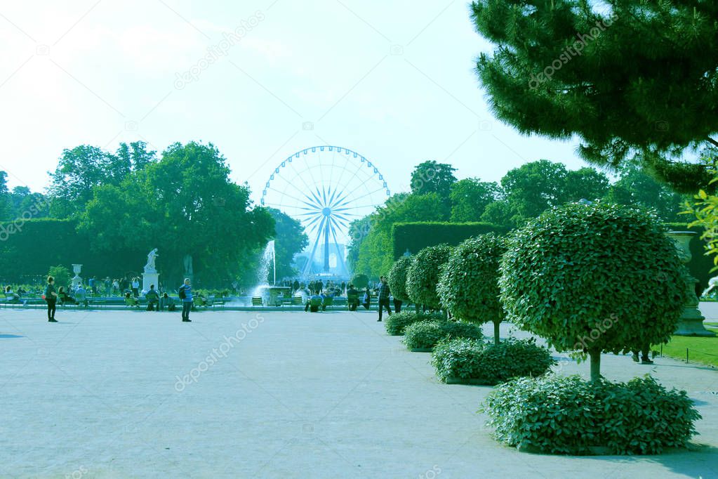 Spring park in Paris with green trees
