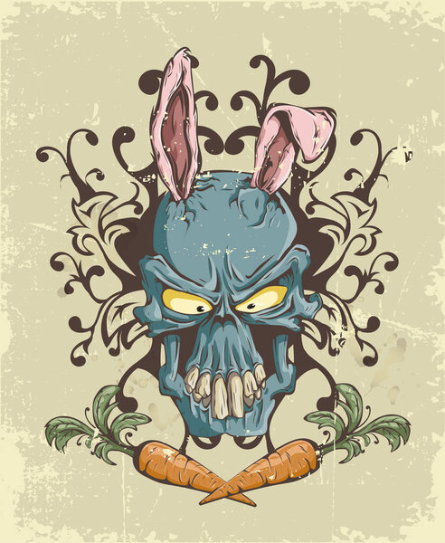 The skull of a hare with ears in graphics drawn manually with Parking in retro style with scuffs of blue, orange, pink flowers