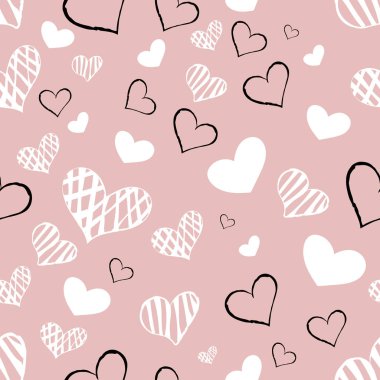 kalp kareli bir şerit çizilmiş pembe bir arka plan üzerinde siyah beyaz desen