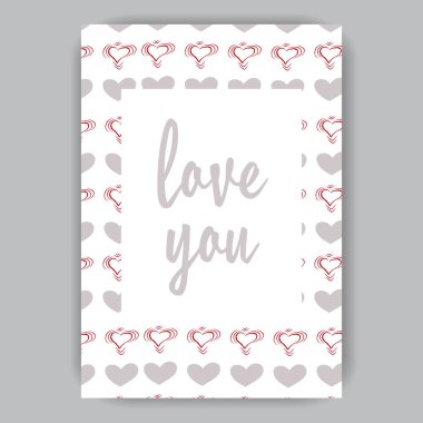 Sevgililer günü kalpleri gri ve pembe çizilmiş beyaz bir arka plan üzerinde beyaz kart